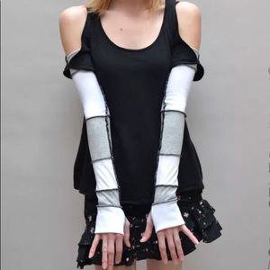 Grey White Long Recycled Patchwork Cotton Arm Warmers Gloves with Thumb Holes